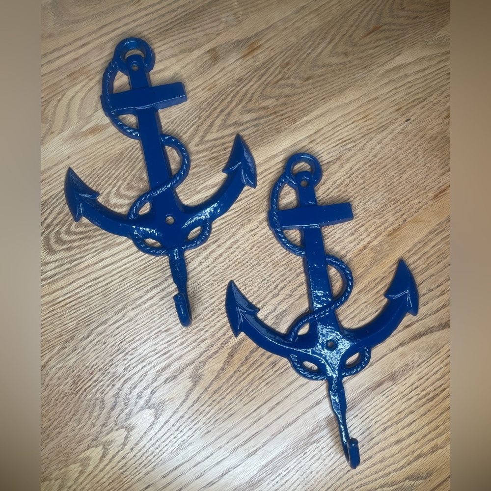 Pair of Large Cast Iron Enameled Anchor Wall Hooks